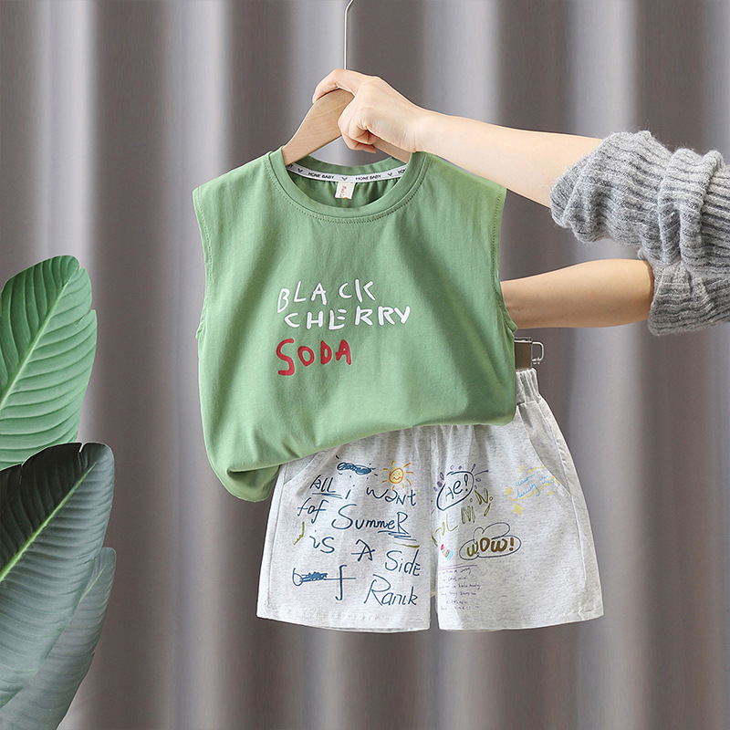 5599 traje de chaleco para niños verano sin mangas delgado vestido de verano de moda estampado de bebé versión coreana de dos piezas de moda