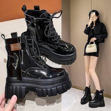 2025女秋冬新款加绒保暖小个子厚底内增高松糕亮皮系带短靴