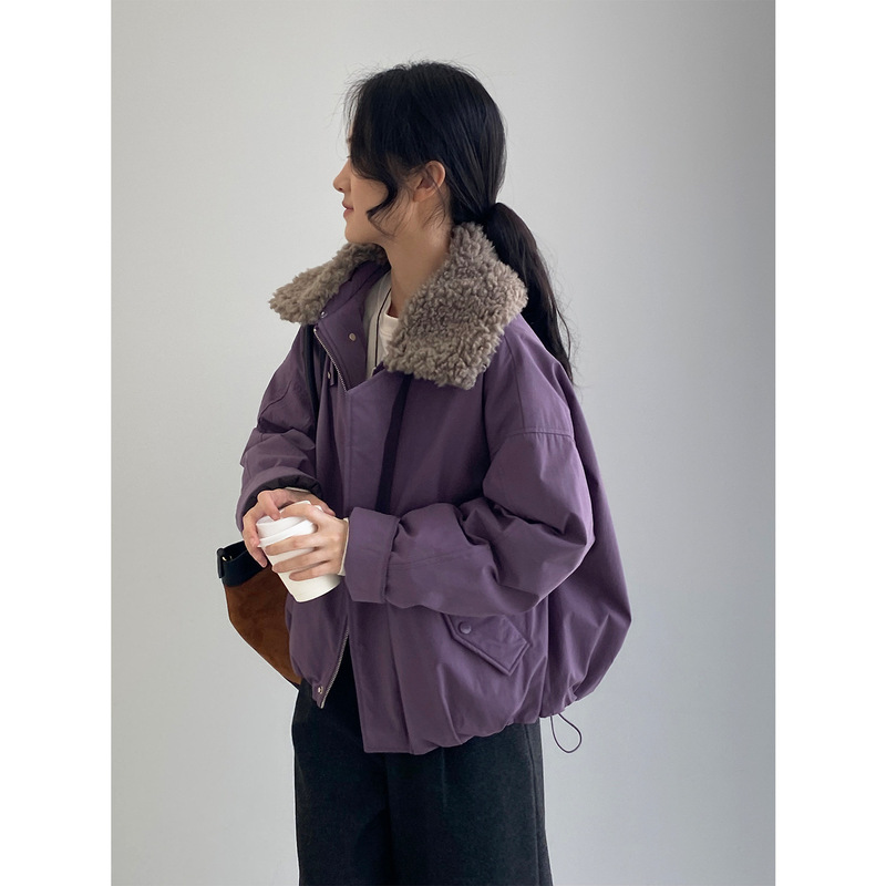 Korean-Style Gentle Purple Lamb Fur Collar down Jacket for Women, Thickened White Duck down Warm Parka Coat 5071