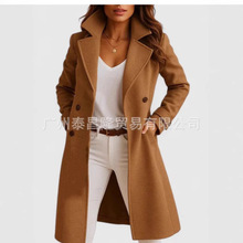 亚马逊欧美外贸女装秋冬新款纯色翻领中长款毛呢风衣大衣女士外套