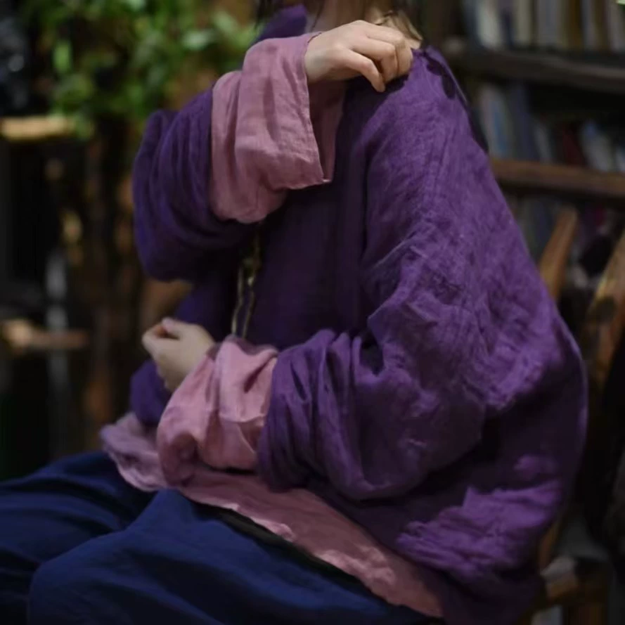 Су Нян Вэйян SN24 Литературный ретро сплошной цвет дикий свободный повседневный тканый льняной пуловер