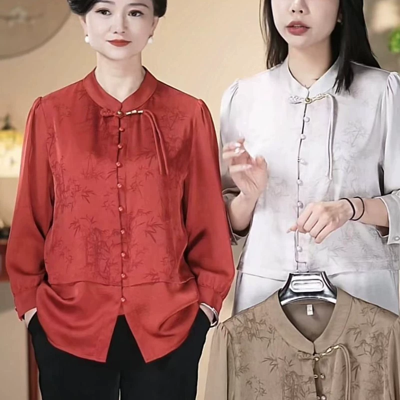 Летняя одежда для мам 2025: новая стильная модная рубашка с рукавом три четверти для женщин среднего и пожилого возраста, новый топ в китайском национальном стиле для женщин.