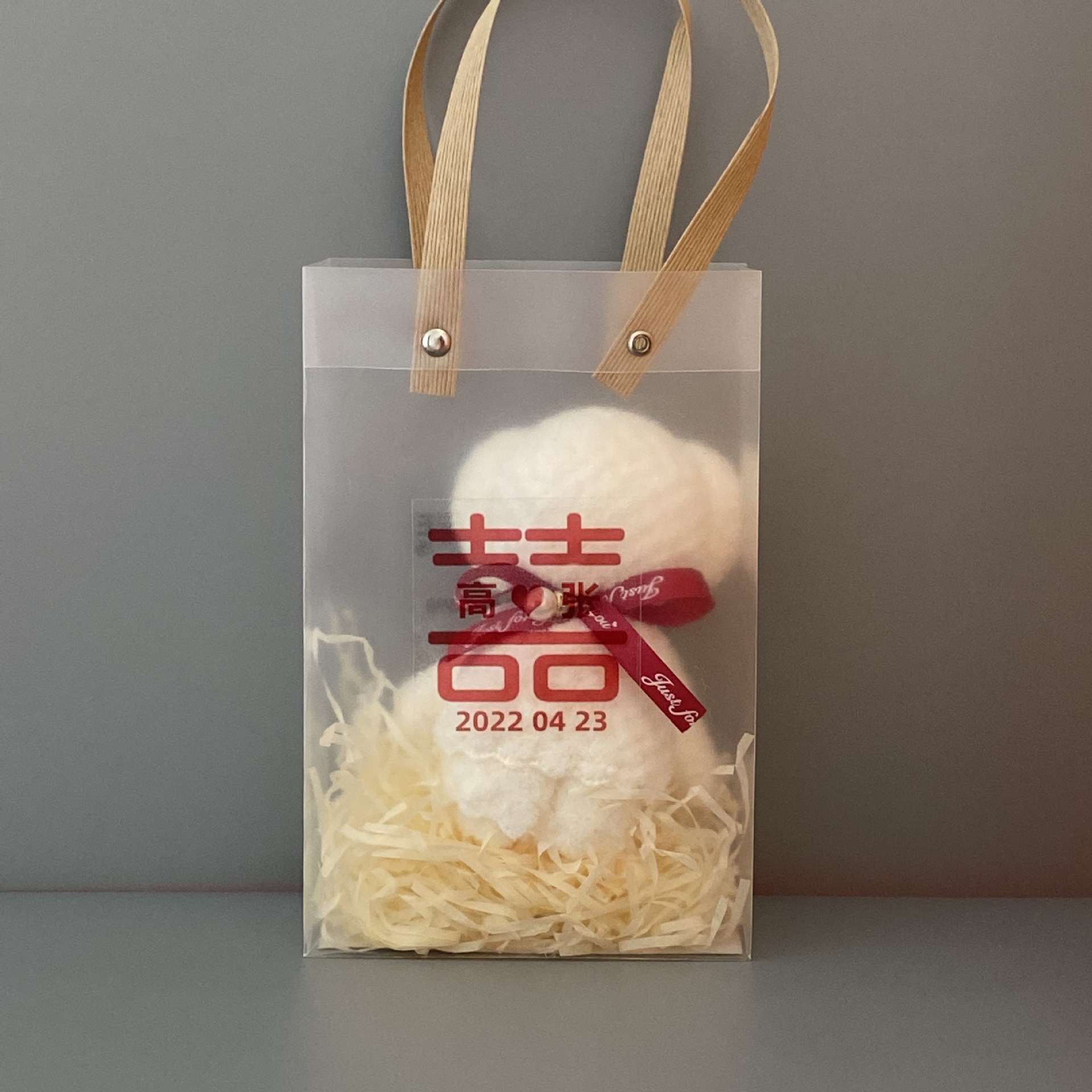 White Bear Red Ribbon+PVC+Lafite Grass