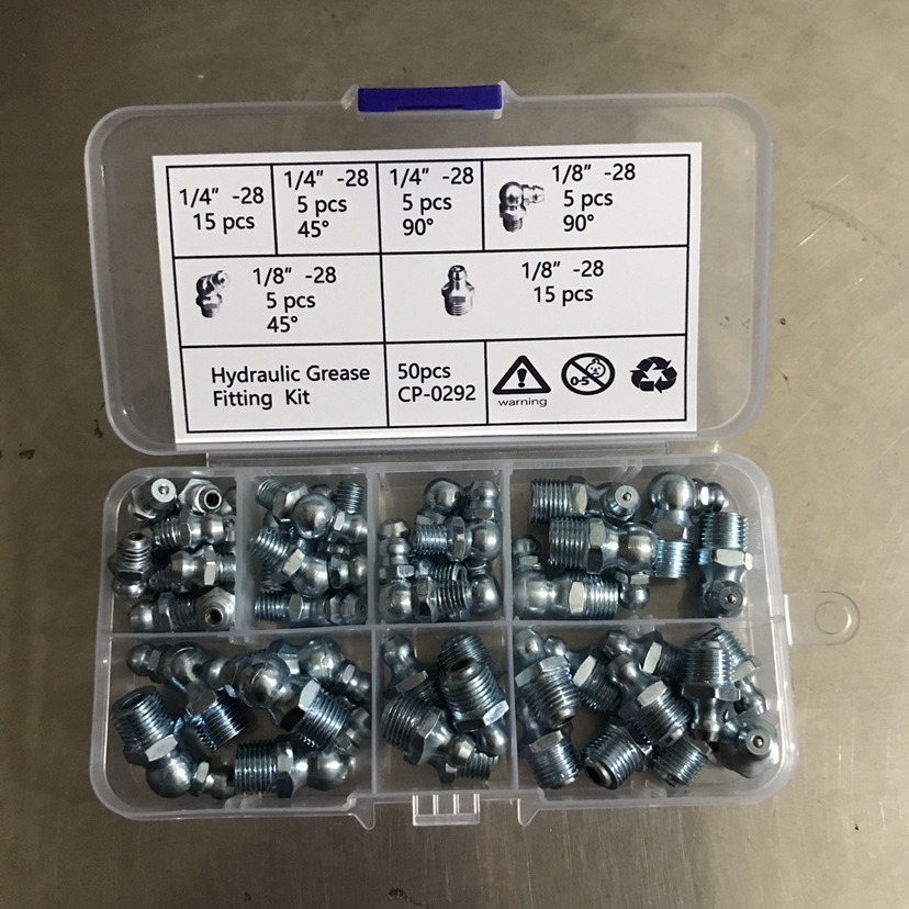 跨境6种规格黄油嘴六角头英制1/8"-28 45°电镀蓝锌铁油嘴50只装