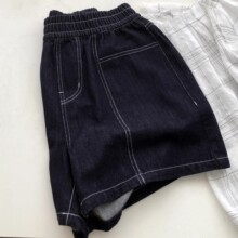 百搭深蓝色牛仔短裤女压线中缝复古高腰松紧显瘦阔腿裤夏季休闲热