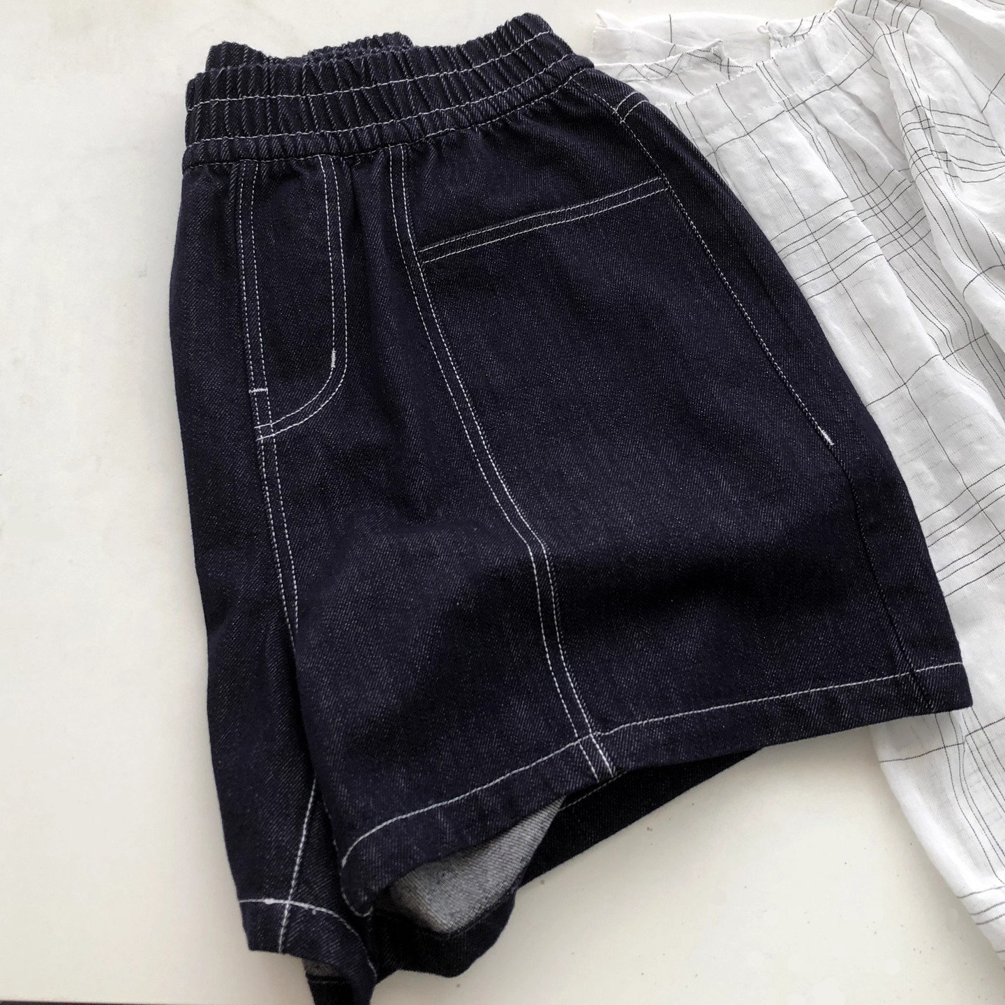 百搭深蓝色牛仔短裤女压线中缝复古高腰松紧显瘦阔腿裤夏季休闲热