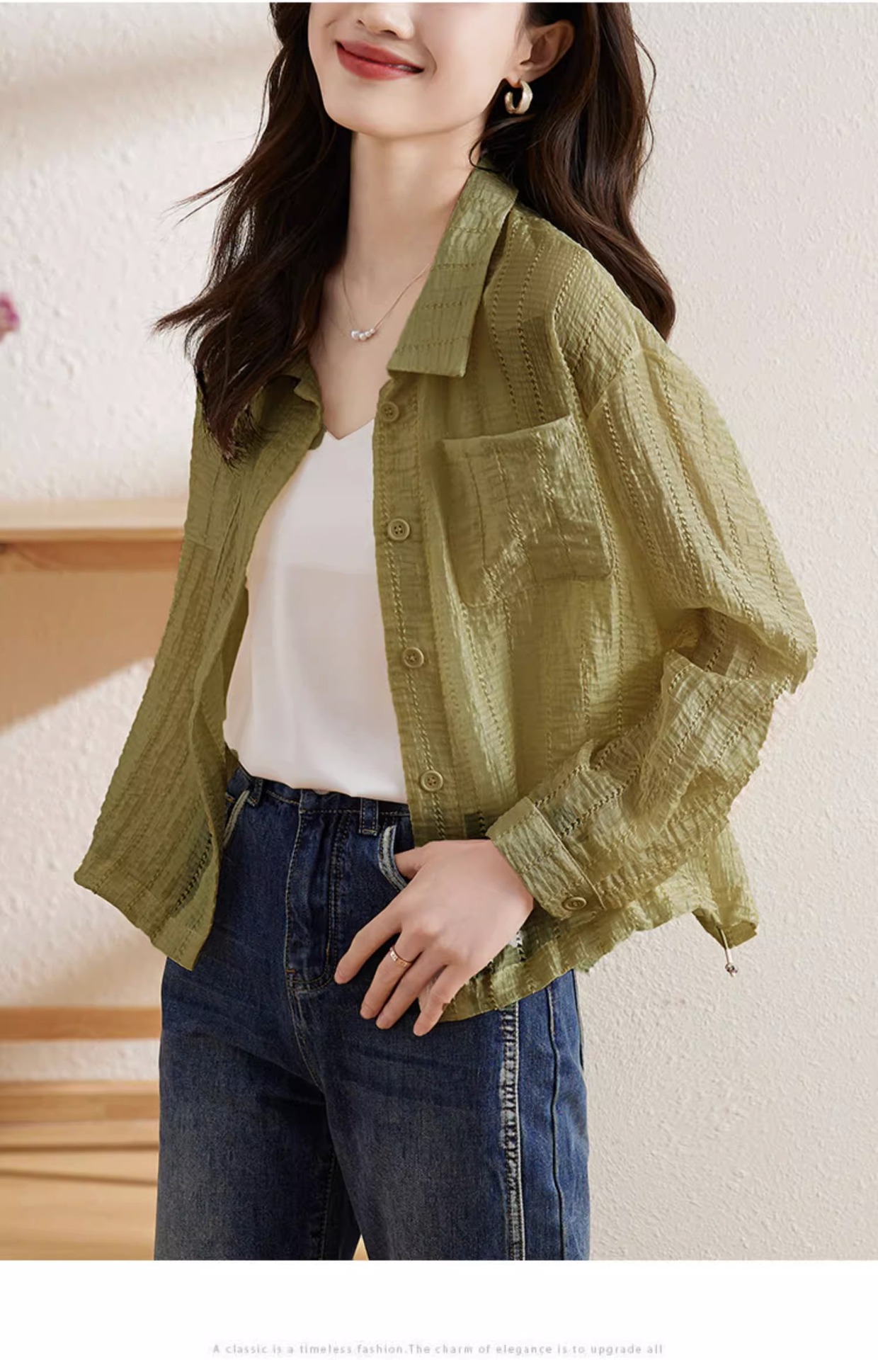 Áo khoác chống nắng nữ dáng dài tay dài xếp ly nhẹ — Màu xanh lá chi tiết 7