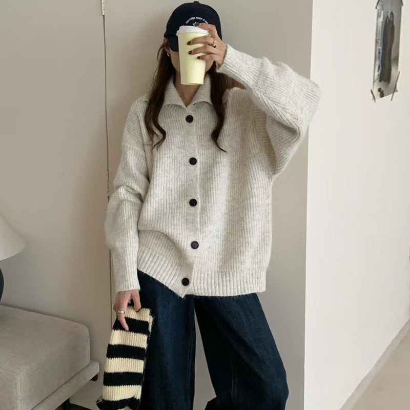 韩版简约纯色立领单排扣针织衫女2025秋冬新款百搭慵懒风毛衣外套|undefined