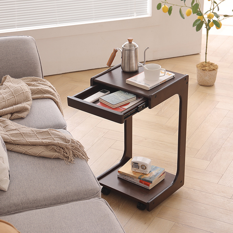 Solid Wood Movable Sofa Side Table Mini Coffee Table Snack Storage Rack Home C-Shaped Computer Table Bedside Trolley