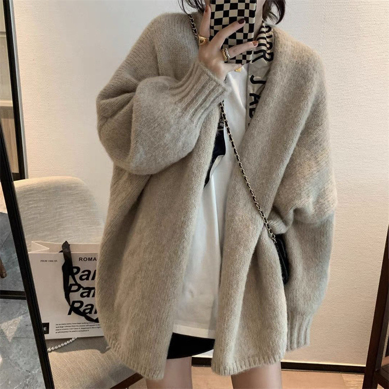 Retro Camel Bathrobe Style Large Sweater Cardigan for Women Loose and Lazy Alpaca Outer Wear Soft Waxy V Neck Shawl Jacket