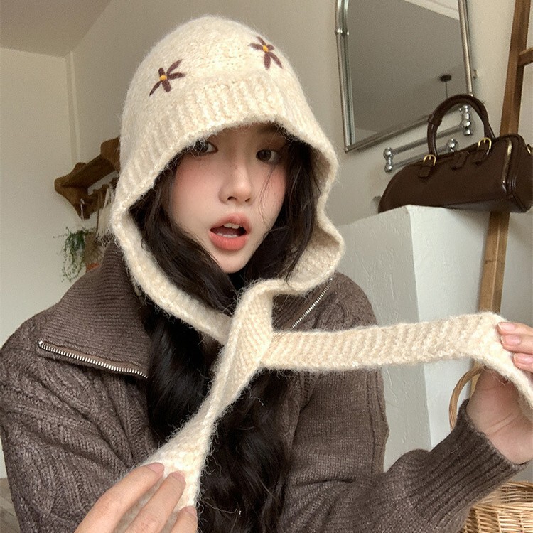 新款花朵巴拉克拉法帽子女秋冬季韩版保暖护耳包头毛线帽厂家批发|undefined
