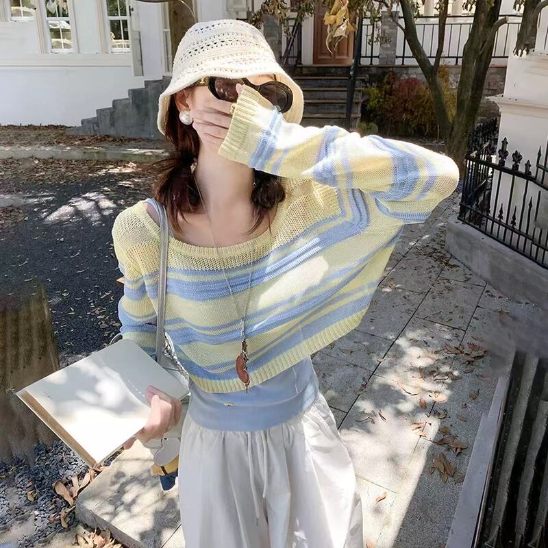 Zeng Xiaoxian Korean-Style Striped Hollow-Out Short Long-Sleeve Knit Top for Women, New Summer Thin Sun-Protective Cover-Up Shirt Zeng Xiaoxian Korean-Style Striped Hollow-Out Short Long-Sleeve Knit Top for Women, New Summer Thin Sun-Protective Cover-Up Shirt