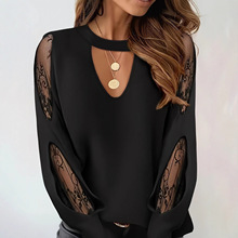 2025欧美跨境新款前领镂空蕾丝拼接气质优雅圆领套头长袖上衣