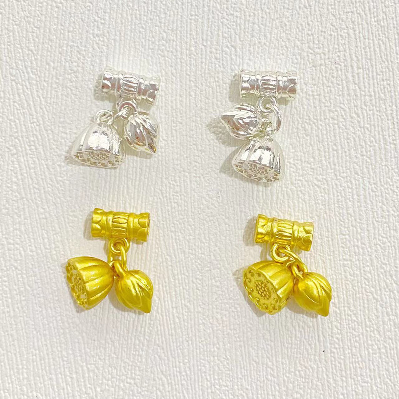 High color ancient method gold Lotus canopy two world happy three-piece accessories diy bracelet silver pendant beads loose beads pendant