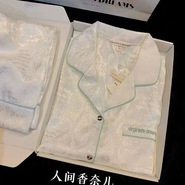 Couple's Pajamas for Women, Spring Season, Thin Ice Silk, Long-Sleeved, Cute, Trendy, High-Value Men's Loungewear Set