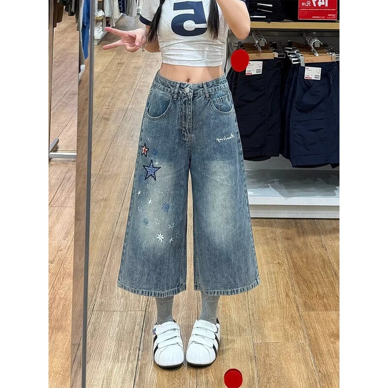 American-Style Star Patchwork Cropped Jeans for Men and Women, Trendy New Retro Loose Straight High-Street Wide-Leg Shorts American-Style Star Patchwork Cropped Jeans for Men and Women, Trendy New Retro Loose Straight High-Street Wide-Leg Shorts