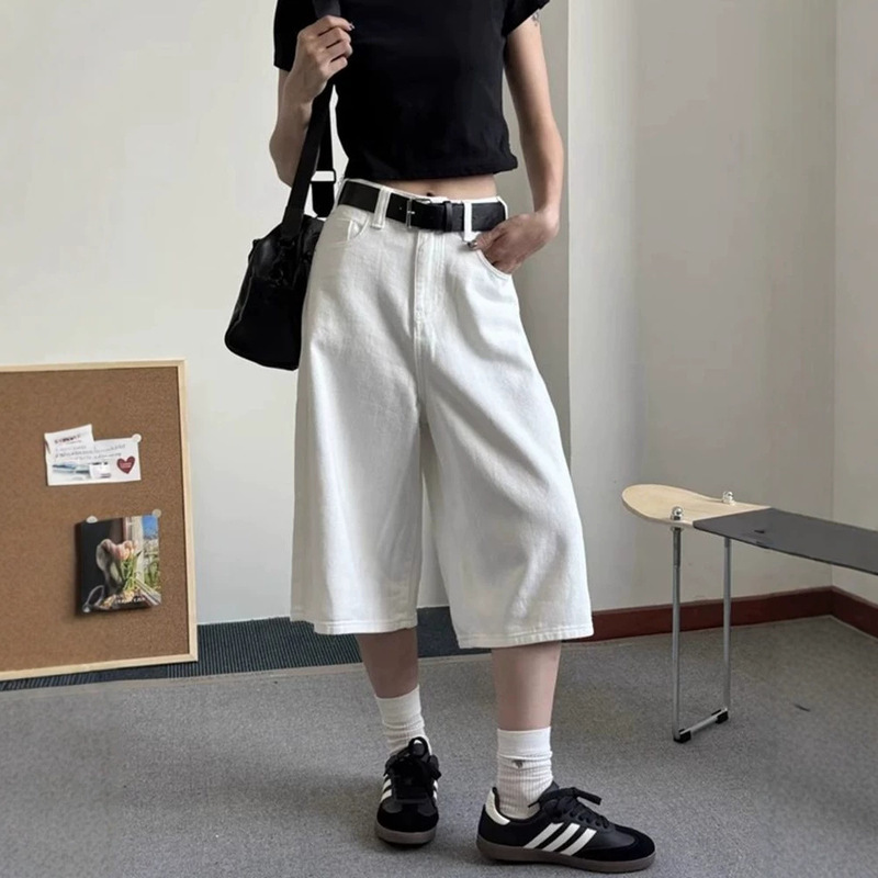 White Straight-Leg Denim Capri Pants for Women, New Summer Style, Loose High-Waisted Thin Wide-Leg Pants for Petite Women White Straight-Leg Denim Capri Pants for Women, New Summer Style, Loose High-Waisted Thin Wide-Leg Pants for Petite Women