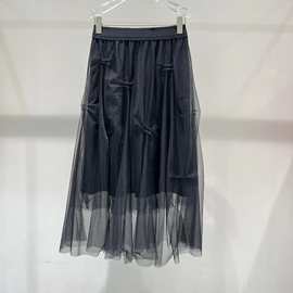 现货2023冬季新款气质优雅黑色显瘦中长款网纱半身高腰裙31213599