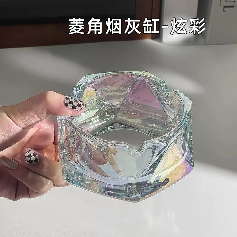 新款水晶玻璃烟灰缸ins高颜值客厅办公室家用轻奢菱格款酒店烟缸|undefined