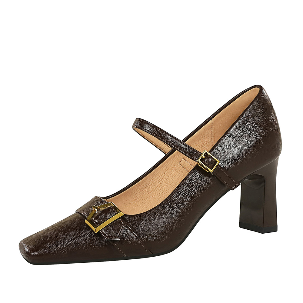 8293-1 Wind Strap High Heels Single Shoes Women's Head Shallow Mouth Thick Heels High Heels Metal Belt Buckle Women's Shoes