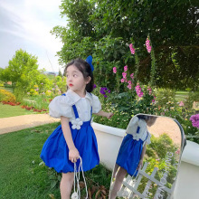 Ancorelala夏季新款克莱因蓝女童套装时尚衬衣加背带裙两件套