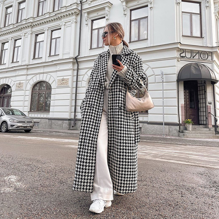 Cross-Border Women's Fashion 2026 Autumn and Winter New Houndstooth Long Trench Coat High-End Fashion Coat Black and White Mature Style Outerwear for Women