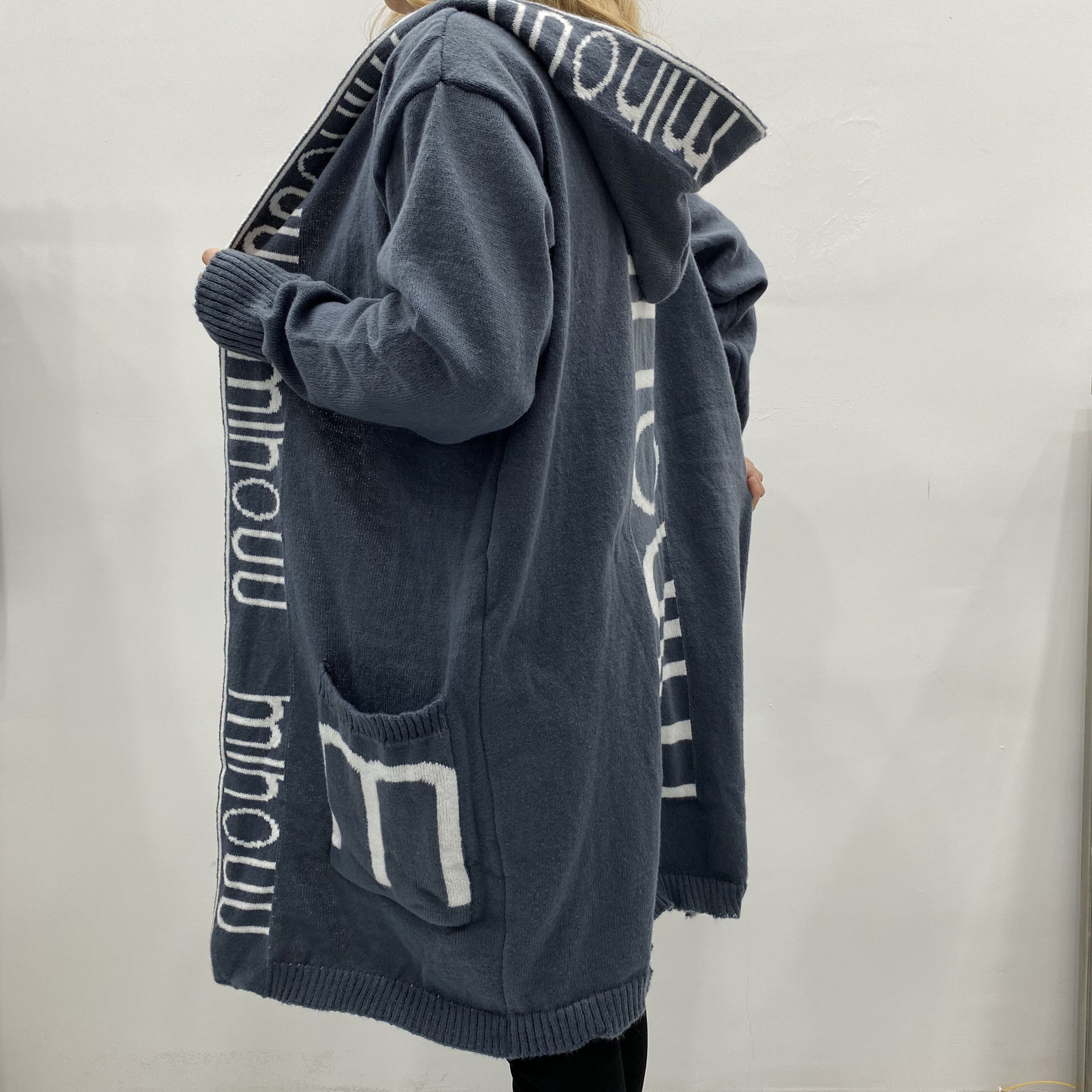 欧美跨境针织开衫女2023年中长款毛衣外套亚马逊字母连帽针织女装