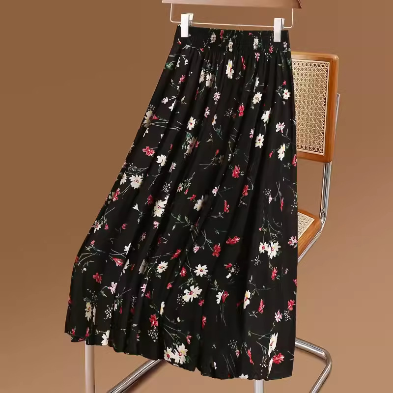 Middle-Aged and Elderly Summer Thin Ice Silk Mid-Skirt Mother's Wear Floral Elastic Waist Skirt Colorful Flesh-Covering Belly-Covering Long Skirt