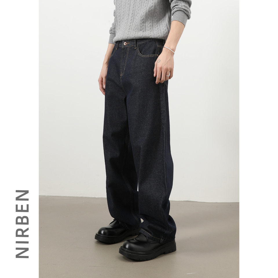 Quần jeans nam ống rộng dáng suông phong cách Mỹ, jean bò nguyên bản, lưng giữa, túi khóa kéo — Denim đen, Trắng, lâu, màu xanh