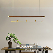 新中式全銅吊燈餐廳吧台茶室書房燈具一字長條直桿胡桃木黃銅和尚