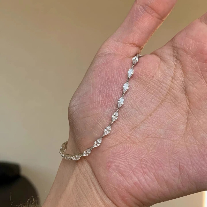 Korean-Style Silver Ultra-Thin Marquise-Shaped Full Diamond Bracelet with a High-End Feel, Simple Stackable Bracelet, Versatile Niche Design Jewelry