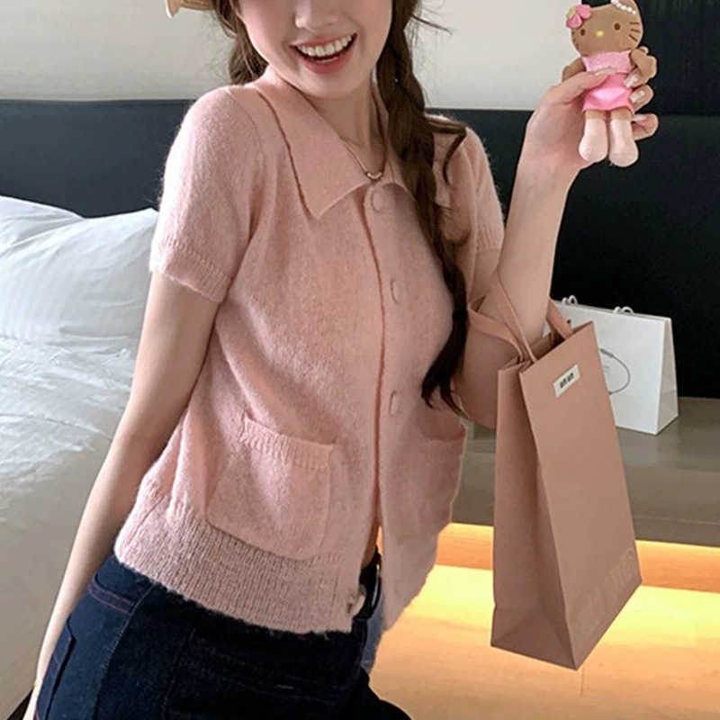 Coreano dulce cuello de muñeca de punto de manga corta cardigan de moda única hermosa chaqueta de verano Miu cardigan image 4
