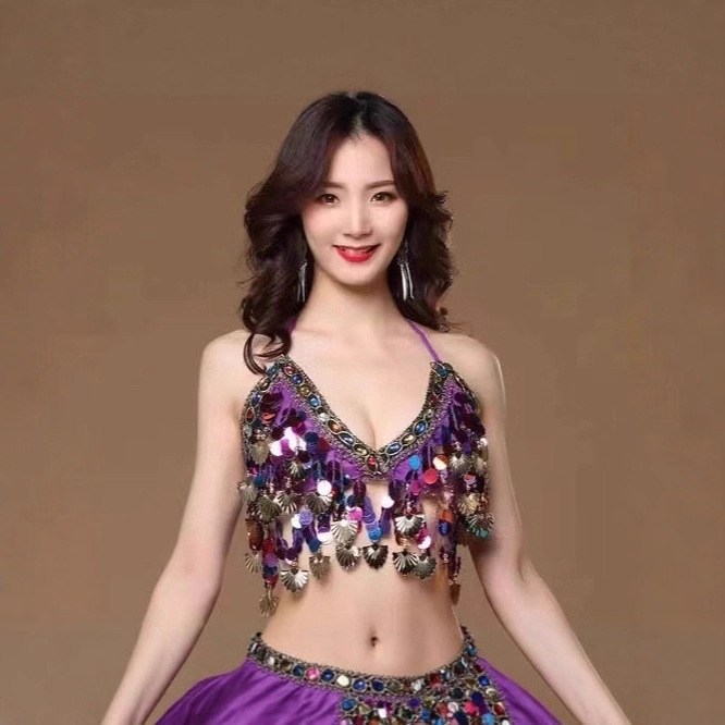 European and American Sequin Bra, Colorful Belly Dance Outfit, Lace-Up Bra, Coin Stage Performance Dancewear, Tassel Top