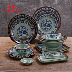Wholesale Melamine Imitating Porcelain Antique Blue and White Matcha Ramen Bowl Plate Spoon Hotel Restaurant Specialty Set
