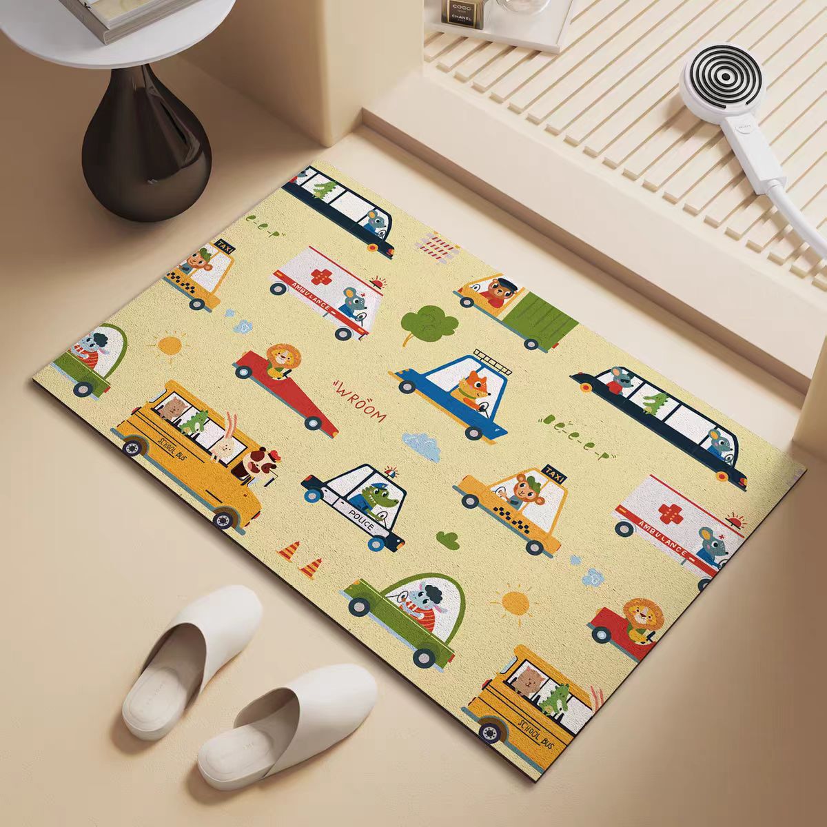 Cartoon Car-Themed Household Bathroom Mat, Water-Absorbent Non-Slip Foot Mat, Diatomaceous Earth Toilet Carpet, Bathroom Entrance Mat