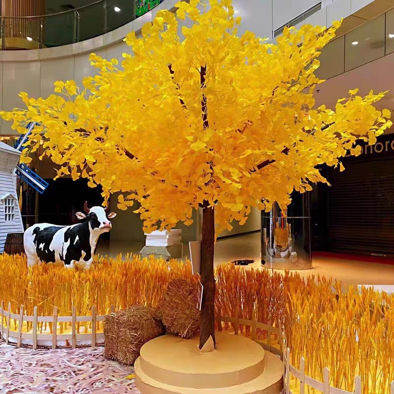 Árbol de ginkgo de simulación a gran escala Restaurante de bodas Hotel Decoración interior Árbol de ginkgo dorado de simulación de FRP artificial