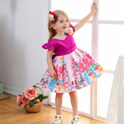 GIRL'S DRESS WITH BUTTERFLY KNOT, PRINCESS PRINT V-BACK FESTIVAL DRESS, CHRISTMAS LITTLE GIRL DRESS + HEADRESS