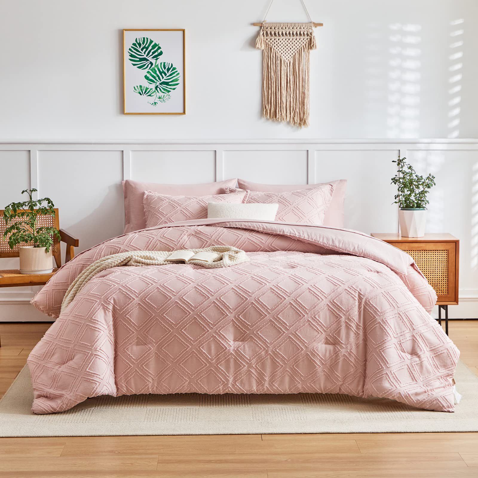 Light Pink Bohemian Tufted Floral Comforter Set - 3-Piece Polyester Bedding With Plush Filling (Luxury & Breathable)_voghion.com