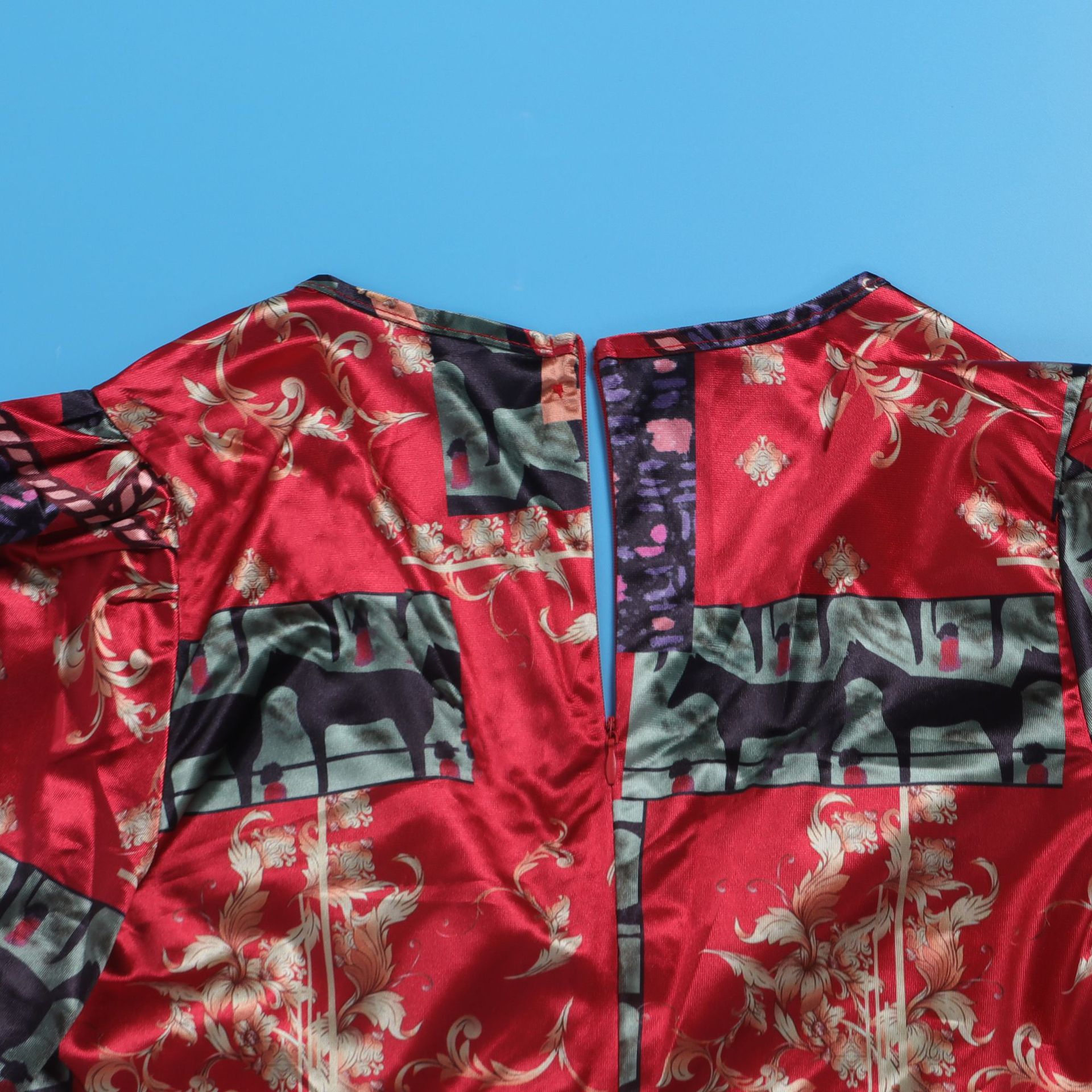 Women's Clothing Sexy Printed Ruffled Lantern Sleeve Hip Hugging Slim Fit Long Sleeve Dress_voghion.com