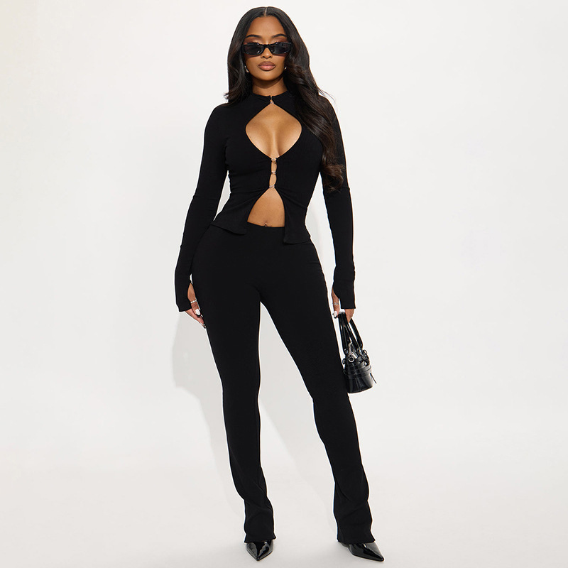 European and American Cross-Border Autumn New Women's Sexy Hot Girl Hollow Hook Top Zipper Tight Pants Solid Color Suit