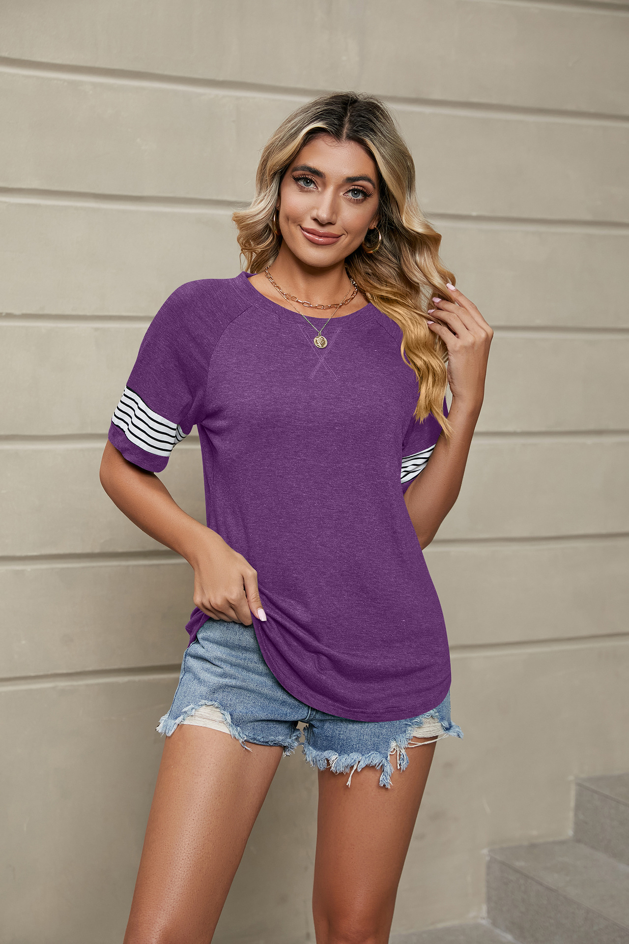 2023 European And American Cross-Border Foreign Trade Summer New Striped Patchwork Loose Round Neck Short Sleeve_ecoleips.com
