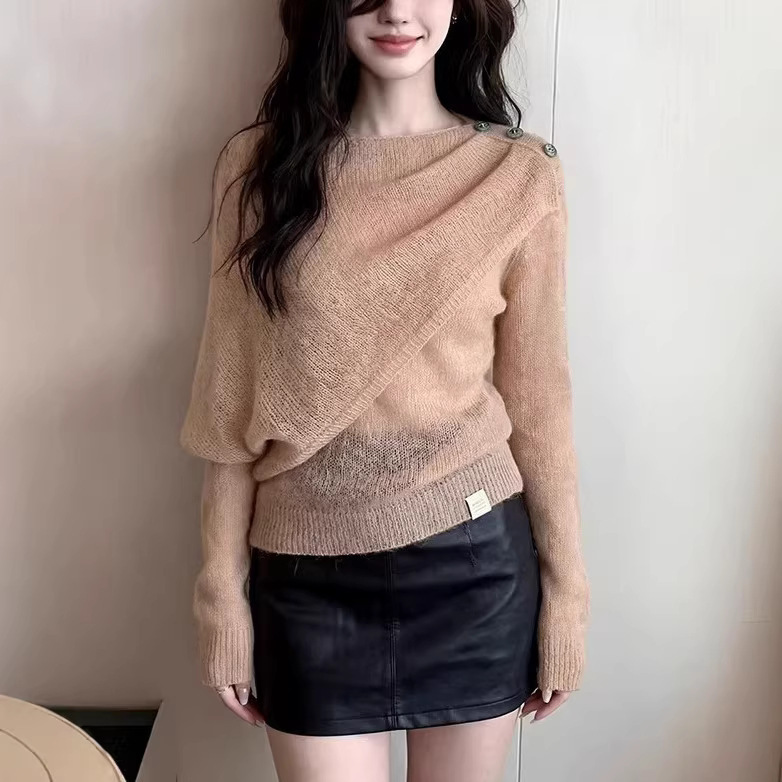 Korean-Style Irregular Shawl Collar Knitwear 2026 Early Spring New Style Lazy Sweater with a Sense of Design Early Spring Top