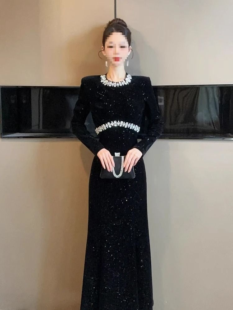 European-style Black For Women, Spring Collection, Heavy-duty Rhinestone Embellished Party Gown, Light Luxury Fishtail_ecoleips.com