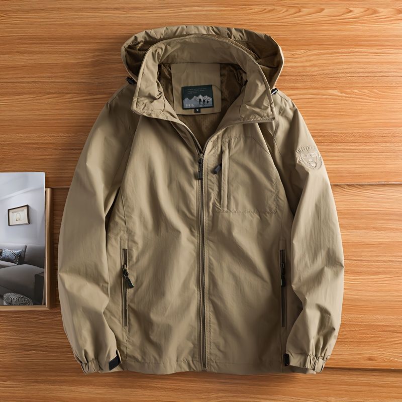 Men's Outdoor Jacket, Spring and Autumn Tech Three-Proof Jacket, Casual Loose Hooded Coat, Outdoor Windproof Jacket
