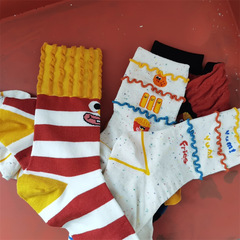 Super trendy, niche, personalized women's socks with lace trim, cotton socks, fun and cute internet-famous puffy socks, cream-colored striped socks