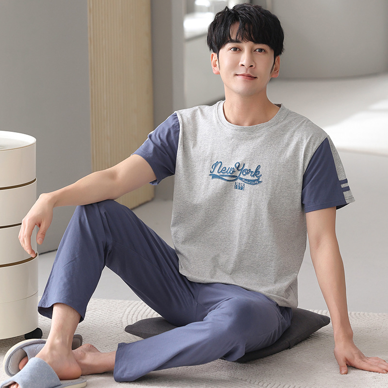 Summer Pure Cotton Pajamas Men's Short-Sleeved Trousers Casual Loose Large Size Can Be Worn Outside Youth Casual Home Wear Set