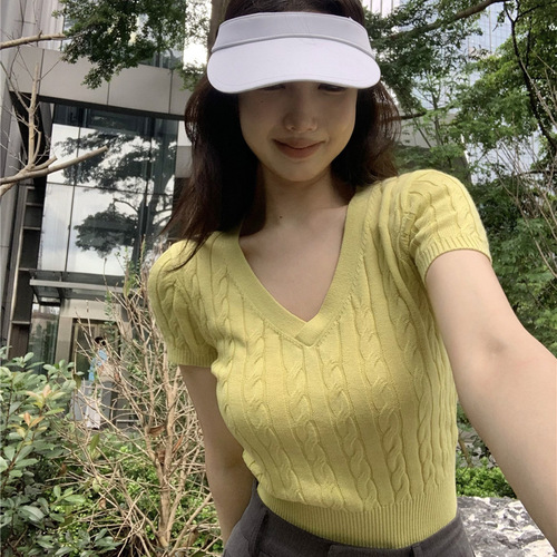 V-neck twist short-sleeved knitted T-shirt women's clothing summer design niche slim slimming hot girl short chic top