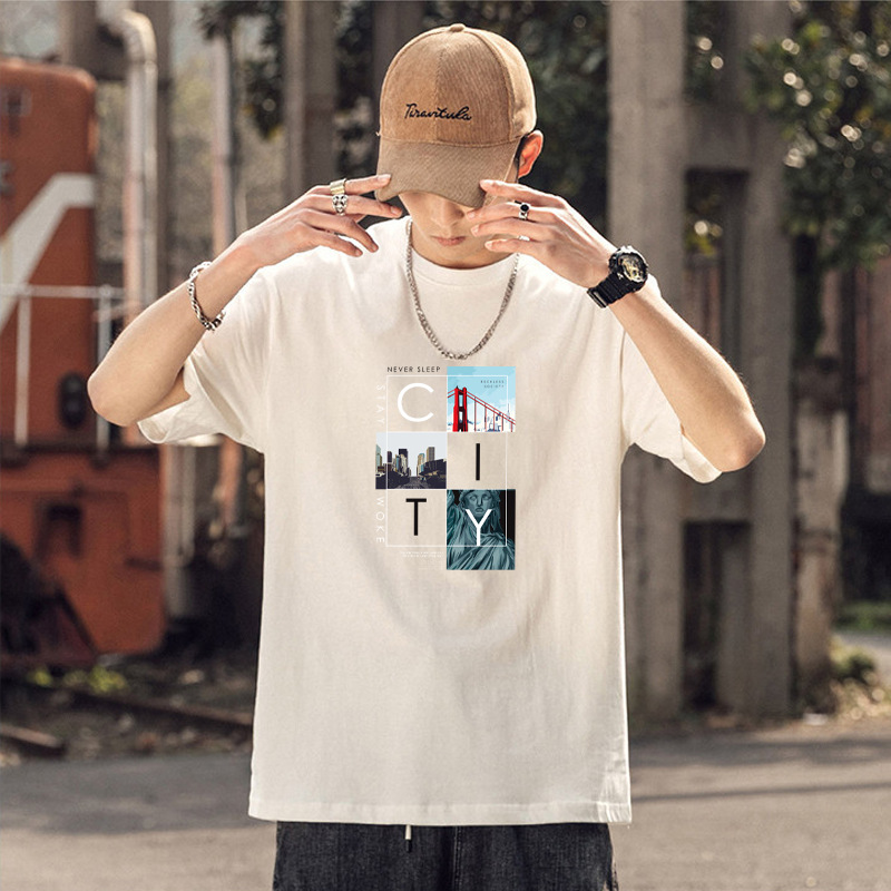 Camiseta de manga corta de los hombres de algodón de manga corta pie 230G pesada suelta marca de moda verano cuello redondo Camiseta de los hombres