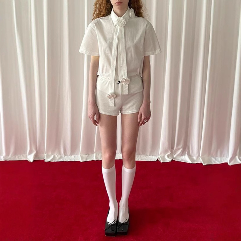 Pff Gil White Handmade Flower Ribbon Short-Sleeved Shirt