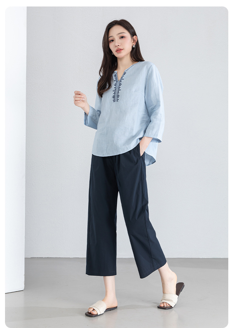 Quần tây nữ ống đứng cạp thun thoáng khí dáng suông — Xanh lông mòng đen chi tiết 24